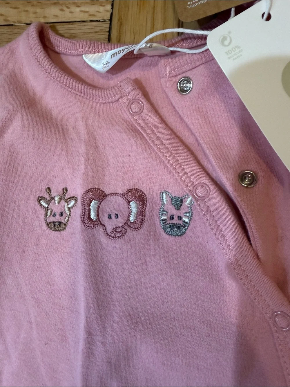 Mayoral Pink Footed Baby One-Piece with Animal Embroidery
